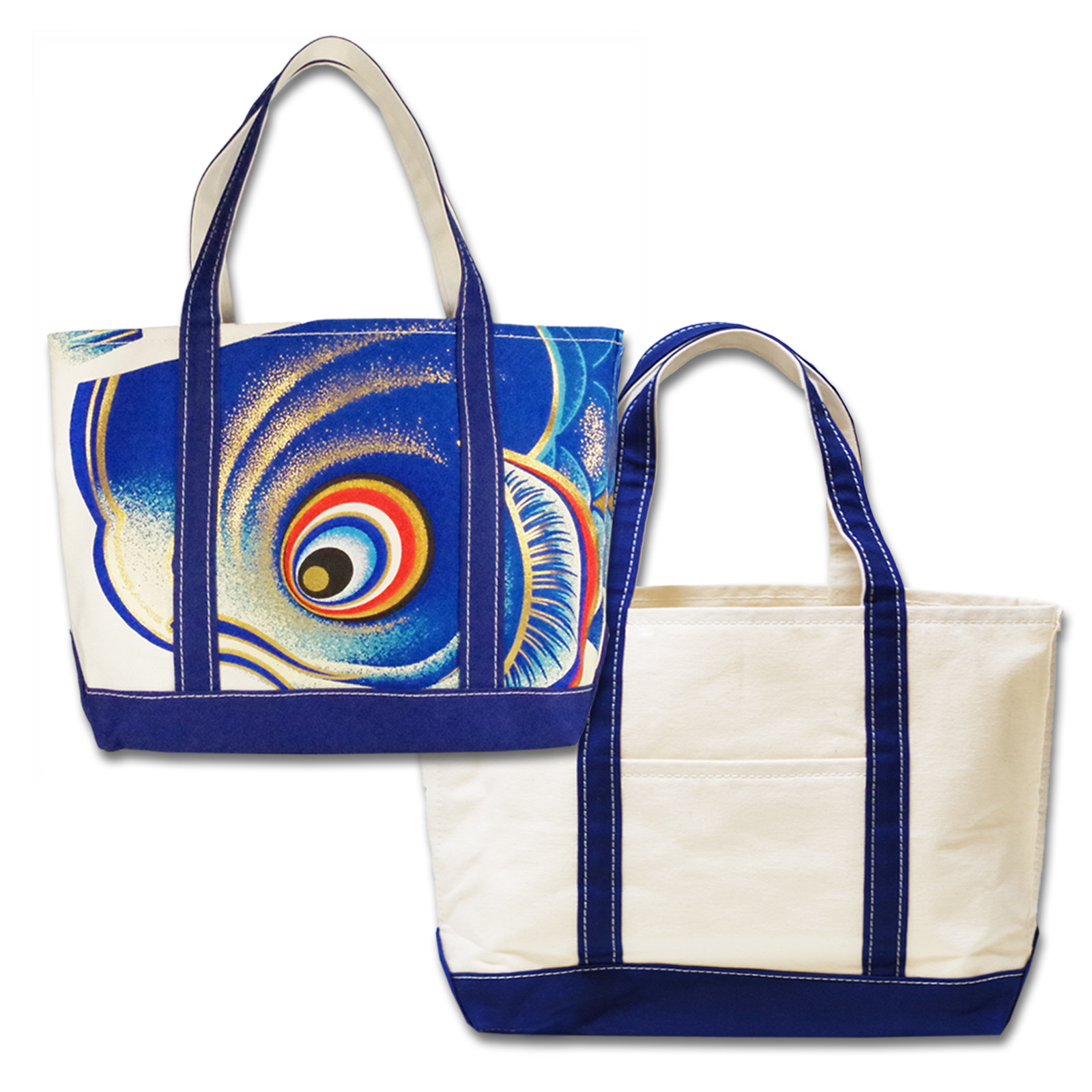 Hand Print Tote Bag Blue Left Facing